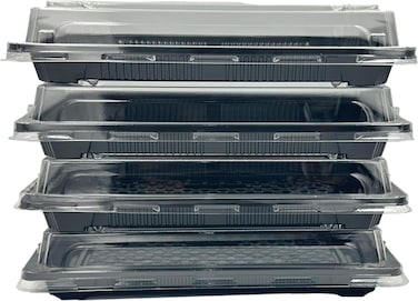 IDEAL PACK Black Base Sushi Container - 215x136x21mm Base with Lid, 5 Pieces - SC03