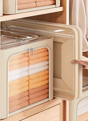 Foldable Clothes Box,53x35x30cm,2-Piece Oxford Fabric Closet Organizer Bag Set With Carry Handles And Clear Window,56L Large Capacity Steel Frame Storage Bins For Bedding Blankets Toys Gift