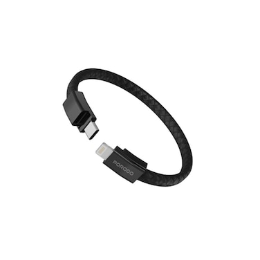 Porodo PU Leather USB Bracelet Cable, USB-C to Lightning, 60W, 20V 3A Max, PD Charging, 480Mbps Data Transfer, Wearable Design with Magnetic Steel Clasp, Black