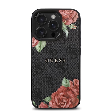 CG MOBILE Guess Compatible With iPhone 16 Pro PU 4G Hard Case with Roses Metal Logo, Easy Snap on, Secure &amp; Comfortable Grip, Raised Camera Edge, Drop Protection &amp; Shock-Proof - Black
