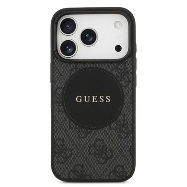 كيس Guess MagSafe 4G من الجلد الصناعي مع رقعة دائرية وشعار كلاسيكي، متوافق مع MagSafe، حماية من الصدمات، تصميم نحيف، لآيفون 17 برو ماكس – أسود