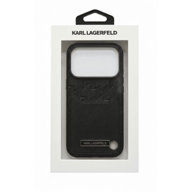 KARL LAGERFELD PU Grained Case with Card Holder &amp; Monogram Hot Stamped Pattern Design for iPhone 17 Pro Max - Black