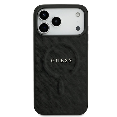 حافظة Guess MagSafe من جلد Saffiano PU لجهاز iPhone 17 Pro، تصميم نحيف، قبضة مريحة، حماية من السقوط، تغليف مستدام، تركيب سهل، متوافق مع MagSafe – أسود
