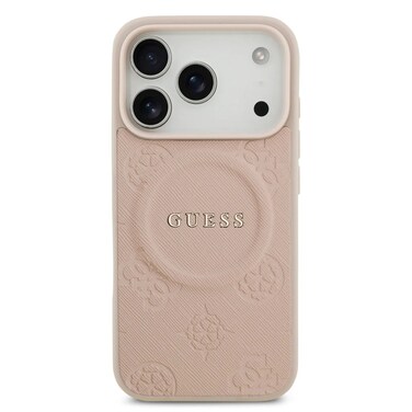 حافظة Guess MagSafe من الجلد PU لهاتف iPhone 17 Pro، شعار كلاسيكي وتصميم ختم حراري لزهرة الفاوانيا، تصميم نحيف، خفيف الوزن، صديق للبيئة - وردي