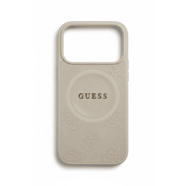 GUESS MagSafe PU Leather Case with Peony Hot Stamp Design &amp; Classic Logo for iPhone 17 Pro Max - Beige