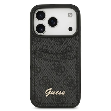 كيس PU من Guess لجهاز iPhone 17 Pro، مع فتحة للبطاقات، شعار معدني Script، حماية من الصدمات، تصميم نحيف، قبضة مريحة – أسود