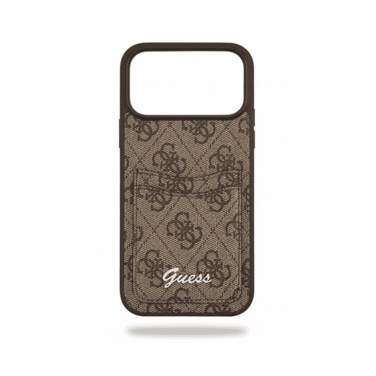 GUESS PU Case with Card Slot &amp; Script Metal Logo for iPhone 17 Pro Max - Brown