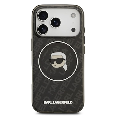 Karl Lagerfeld MagSafe IML Glitter &amp; KL Repeated Case with Karl Head for iPhone 17 Pro Max, Slim Profile, Drop Protection, Easy Snap-On, Sustainable Packaging, Comfortable Grip &ndash; Black