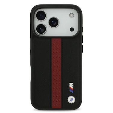 BMW PU Leather Case with Perforated Stripes &amp; Metal Logos, Drop Protection, Slim Profile, Compatible with MagSafe System, Easy Snap-On, Made for iPhone 17 ProMax - Black/Red