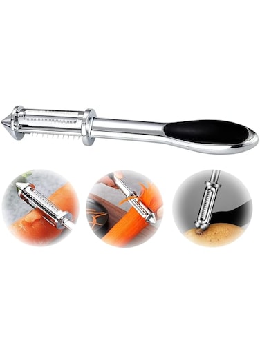 ELECDON Vegetable Peeler, Stainless Steel Veggie Julienne, Built-In Potato Eye Remover, Veggie Fruit Peeler with Non-Slip Grip, 3 in 1 Kitchen Tool for Potato Veggie Carrot Fruit ( Silver )