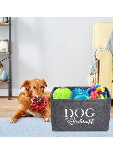 Dog Toys Storage Bins Felt pet Baskets, Dog Toy Box Large with Designed Metal Bone-shaped Handle, Organizer Storage Basket for Pet Toys, Blankets, Leashes(DOG-Grey)