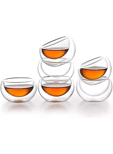 10 Pcs Double Layer Clear Glass Teacups Set, Round Shape