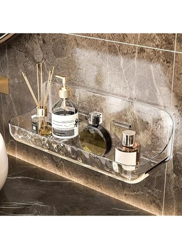 Sleek No-Drill Clear Bathroom Organizer - Space-Saving Shelf For Toiletries &amp; Cosmetics Storage Countertop Organizer Wall-Mounted Floating Shelves with Hooks Acrylic Countertop Organizer for Easy Acce