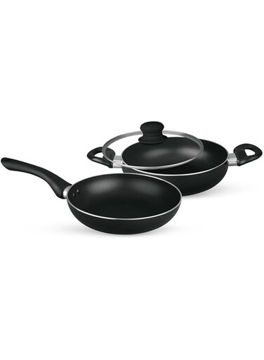 Royalford 3pcs Non Stick Cookware Sets RF11958 Overflow Protection Bakelite handles Steam release vent 24cm Kadai with Tempered Glass Lid &amp; Frying Pan Heat Resistant Exterior
