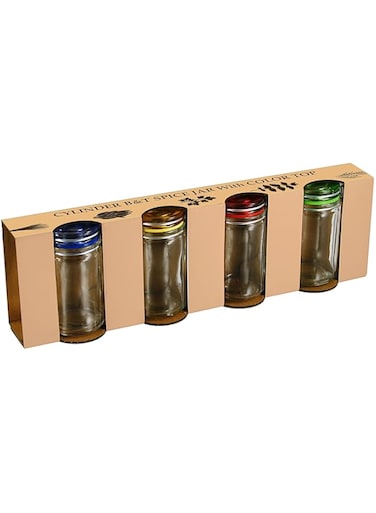 Grant Howard Cylinder Spice Jars with Color Airtight Hinged Lid, 4 Sets 3 Ounces, Glass Food Storage Canning Container, Clear