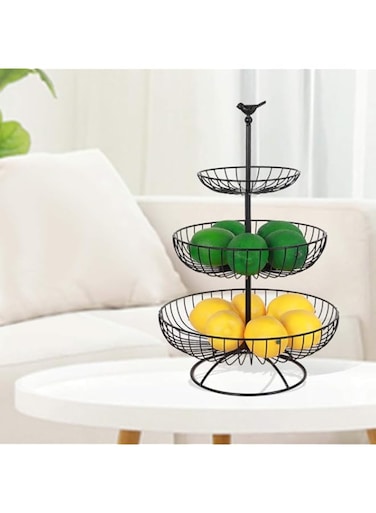 Feikcore Countertop Fruit Basket Holder 3 Tier Iron Decorative Tabletop Bowl Stand For Food Vegetable Snack Storage Household Counter Items Black Bowl