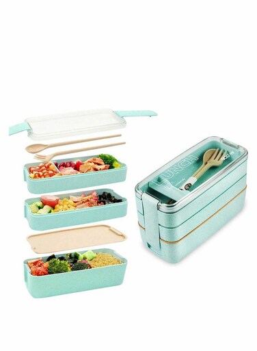 Box, Bento Box 3-In-1 Compartment Wheat Straw Leakproof Eco-Friendly Bento Lunch Box Meal Prep Containers Lunch Solution Offers Durable Microwave Safe for Kids Adults, 900ml Green