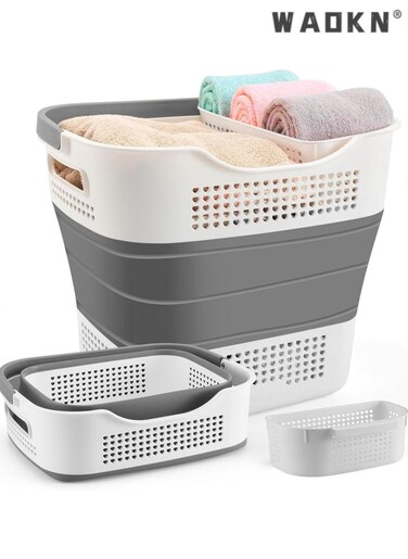 Foldable Laundry Basket Plastic with Handle, Collapsible Bucket Laundry Hamper, Plastic Basket Laundry Bin Container, Multi purpose Organizer Clothes Storage Washing Basket for Home - Dark Grey