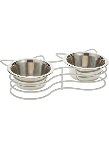 Barkley &amp; Evans Kitty Laser Cut Double Pet Feeder, 12-Inch x 5.25-Inch x 2.75-Inch Size, Matte White