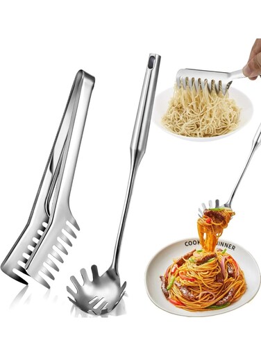 PCS Spaghetti Spoon and Spaghetti Tong 2-Piece Set, Stainless Steel Cooking Utensils, Rustproof, Comfortable Grip Design Spaghetti Server, Dishwasher Safe, Easy to Clean