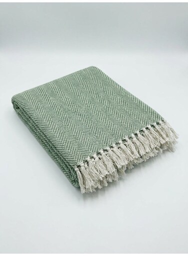 130 x 160 cm Woven Tiles Cotton Knitted Throw Blanket Sage Green, 400GSM Thick Breathable Boho Fringe Cover for Couch Sofa Bed and Travel