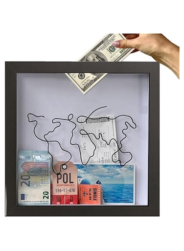 NMVB Adventure Archive Box, Travel Adventure Archive Shadow Box, Wood Frame Travel Collection Box, Ticket Shadow Box with World Map and Plane Design, Memory Boxes for Keepsakes