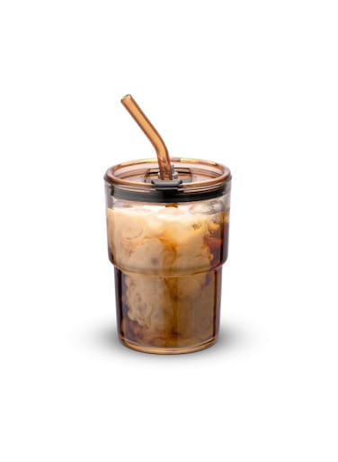 Insulated Glass Tumbler with Straw and Lid, Sealed To-Go Cup for Coffee, Iced Tea &amp; Water, Thick-Walled Reusable Drinking Glass &acirc;&euro;&ldquo; Amber Color