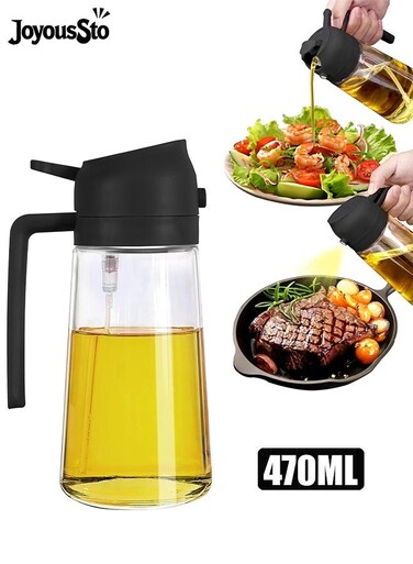 2 in 1 Oil Dispenser and Oil Sprayer, 470ml Dispenser Bottle Spray and Pour, Glass Olive Oil Sprayer for Cooking, Food Grade Oil Spray Bottle Mister Spritzer for BBQ, Air Fryer, Kitchen,Black