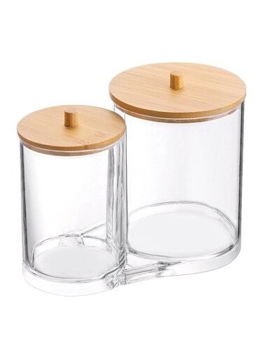 Clear Organizer Jar with Wood Lid, Suitable Cotton Swab &amp; Ball Holder for Bathroom Storage, Durable &amp; Elegant Design