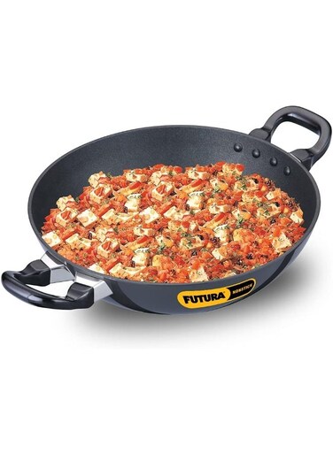 Futura 2.5 Liter Hard Anodised Non Stick Deep Kadhai / Deep Fry Pan, Round Bottom, Wooden handles, 3.25 mm Thick Base(NK25), Black