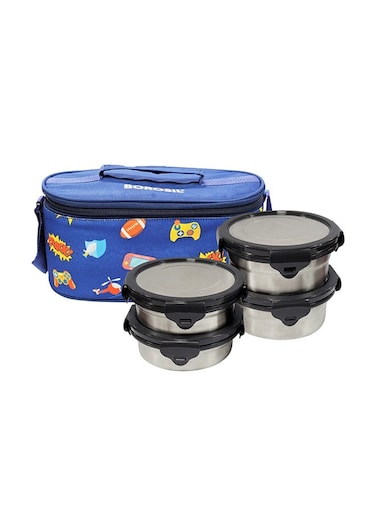 Borosil Blueblaze Stainless Steel Lunch Box, Set Of 4 Containers With Horizontal Lunch Bag, Leak-Proof Lunch Box With Grey Lid, Round Lunch Container For School &amp; Office, 400 Ml X 2 + 250 Ml X 2