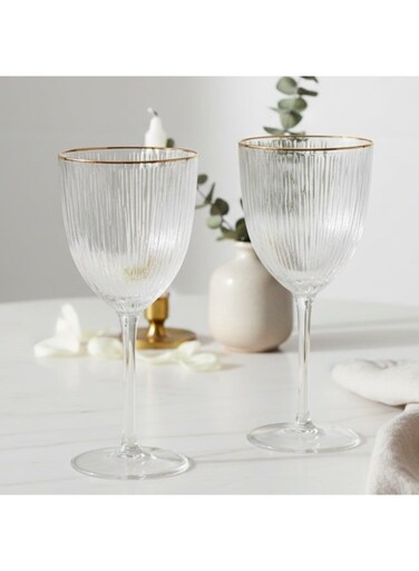 2-Piece Wine Glasses 300mL, Embossed Pattern Crystal Clear White Wine Glass   Golden Rim Textured Glassware Set