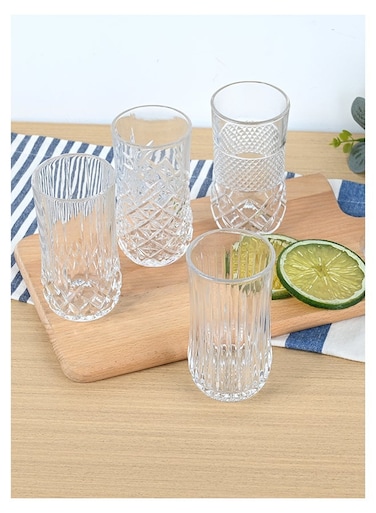 Embossed Pattern Highball Glasses, Set of 4 Drinking Glasses with Mixed Design, 240ml Durable Drinkware Cups for Cocktails, Water, Juice, Beer, Wine-Special Edition Glassware Set, Dishwasher Safe