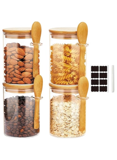 KUAIJI 4-Pack 550 ml(18.6 oz) Glass Jars With Aitight Wooden Lids and Spoon,Spice Jars Overnight Oats Jars Breakfast Jars Sugar Salt Coffee Tea Candy Cookies Jars, Kitchen Storage (4 Pack550 ML)