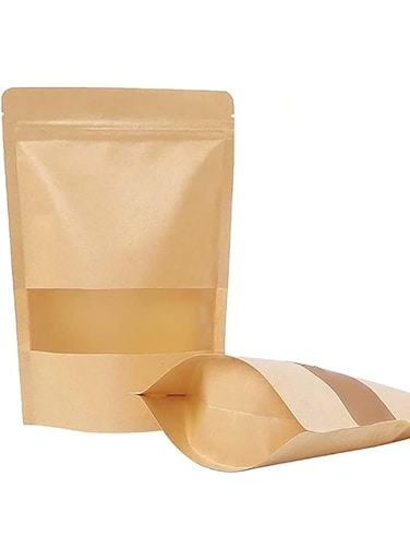 DELFINO 100 Pcs 3.5 &times;5.5 Inches Kraft Stand Up Pouches Bags with Resealable Lock Seal Zipper Transparent Window, All Purpose Storing Food Storage Stand Up Food Bags for Home or Business