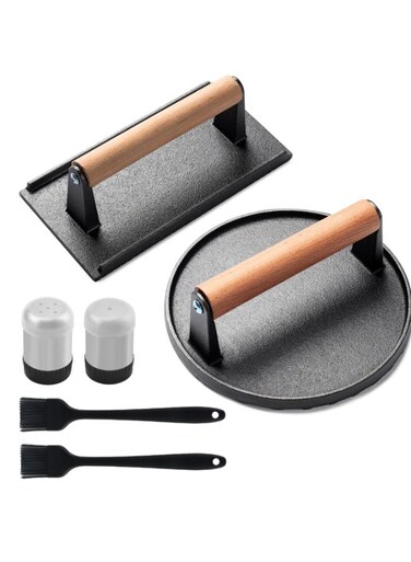 Burger Press, Smash Burger Press for Griddle, Heavy Duty Cast Iron Round 6.9In &amp; Rectangular 8.2x4.2In Bacon Grill Press with Wood Handle, Meat Steak Weight for Sandwich, Paninis