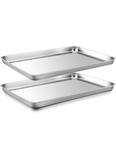 Baking Tray Set of 2, Stainless Steel Rectangle Baking Sheets Pans, Large Professional Oven Trays for Cooking Serving, Non Toxic &amp; Healthy, Mirror Finished &amp; Dishwasher Safe (40.5x30.5x2.5cm)