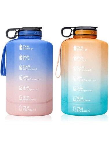 Large Water Bottle Gallon BPA Free Leakproof, Water Jug with Straw &amp; Handel &amp; Time Marker, Motivational Water Bottle Perfect for Fitness Gym Camping Outdoor Sports (2.2L, BLUE-PINK)