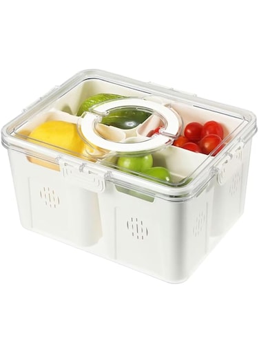 U-HOOME Divided Serving Tray with Lid and Handle,Refrigerator Organizer Box,4 Compartments Fridge Fruit Storage Containers, Vegetable Strainer Box,BPA-Free Food Storage Containers for Picnic