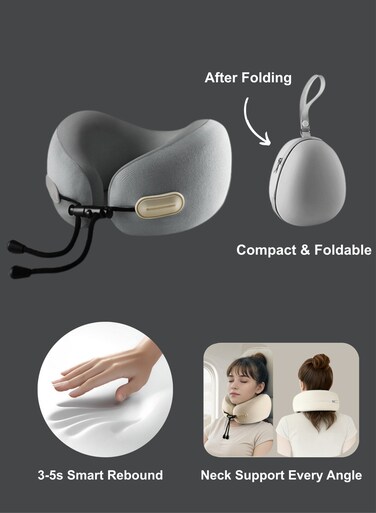 Neck Pillow Memory Foam U Shape with Adjustable Head Support, Portable Bag for Airplane &amp; Car Travel, Soft Ergonomic Pillow for Home &amp; Office, Black