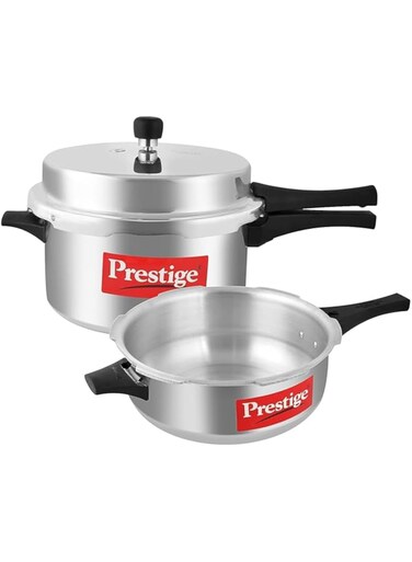 Prestige Popular Pressure Cooker with Lid 7.5 Ltr and Pressure Pan without Lid 3.5 Ltr   Aluminium Cooker Heat Resistant Side Handles Silver