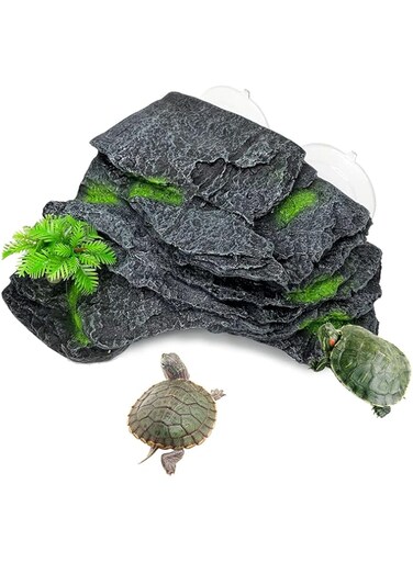 kathson Turtle Basking Platform with Suction Cups Tortoise Climbing Step Ledge Aquarium Ornament Rock Turtle Floating Dock Resting Basking Terrace for Amphibians Reptile (Gray)