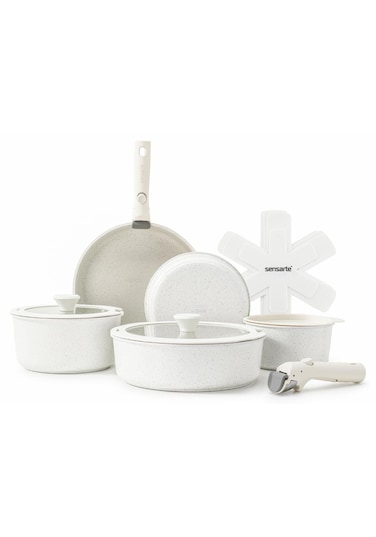 Pots And Pans Set Nonstick With Detachable Handles, 14Pcs Induction Cookware Set Stackable, Space Saving Kitchen Cookware Sets With Removable Handle White