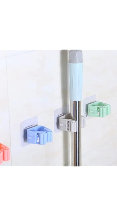 4Pcs Non Punch Adhesive Wall Mounted Mop Holder Storage Broom Hanger Clip Seamless Mop Hook Bathroom Home Kitchen Organizer Multicolor