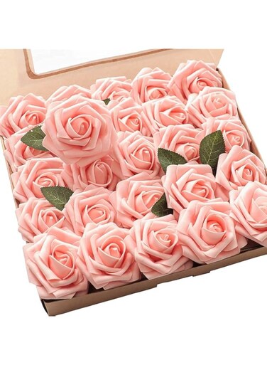 OOMYL Artificial Flowers Real Looking Ivory Foam Fake Roses with Stems for DIY Wedding Bouquets White Bridal Shower Centerpieces Arrangements Party Tables Decoration, 25pcs (Peach Pink)