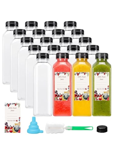 Premify 20pcs Empty Plastic Juice Bottles with Caps,16 oz/480ml Reusable Juice/Milk/Water Bottles for Kids, Clear Bulk Beverage Containers with Lids, Label, Funnel &amp; Brush for Juicing, Milk, Smoothie
