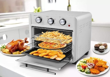 Air Fryer Oven With Non Stick Coating 1500W 22L With 6 Heating Elements, Rotating Basket &amp; Rotisserie Toaster Grill Oven With Cool Touch Stainless Steel Self Temperature Control System Silver