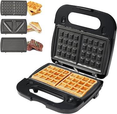3 in 1 Sandwich Maker with Interchangeable Plates Waffle, Grill, and Sandwich Press 1200W Non Stick Coating, Easy to Clean