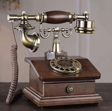 Wooden Vintage Retro Telephone with Rotary Dial and Small Wooden Drawer, Antique-Style Landline Phone for Home and Office D&eacute;cor