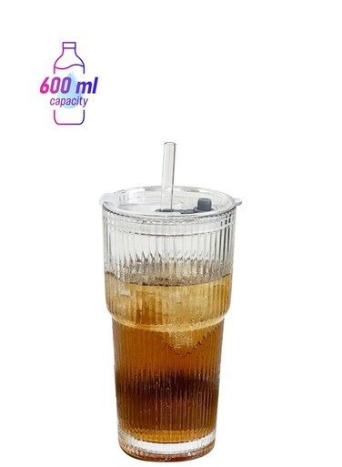 Water Cup, Milk Cup with Straw and Lids, Reusable Double-Wall Coffee Cup, Heat Resisting Cute Clear Milkshake Cup, for Juice Milk Hot Cold Water, Tea, Matcha, 600ml Travel Cup